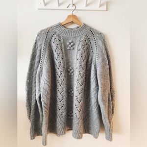J. Crew Grey Cable-knit Pointelle Sweater with Popcorn Flowers XXL